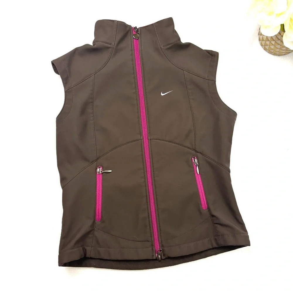 Nike Brown/Pink‎ Fleece Sleeveless Athletic Running Zipper Vest Sweatshirt (M)